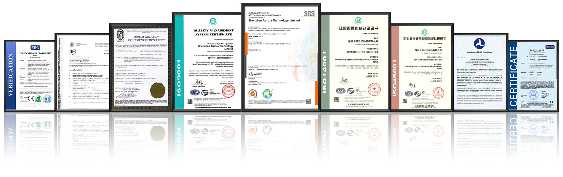 Aurora LED Product Certificates — RoHS, IATF16949, CE, DOT, E-Mark