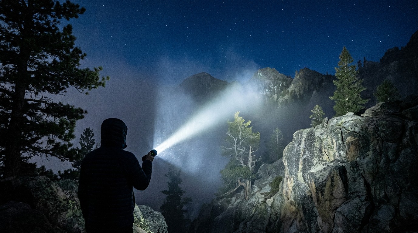 Aurora flashlight beam illuminating mountain wilderness