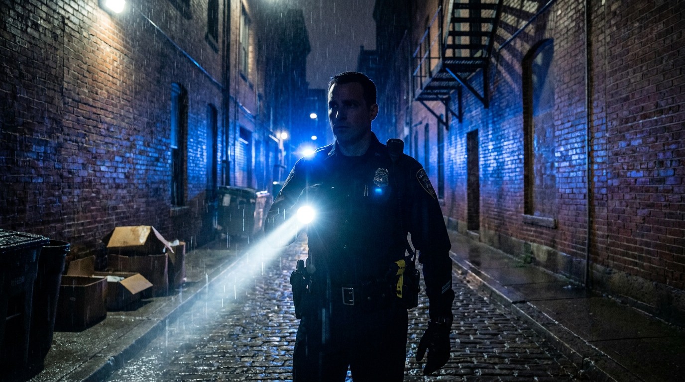 Police officer using Aurora tactical flashlight on duty